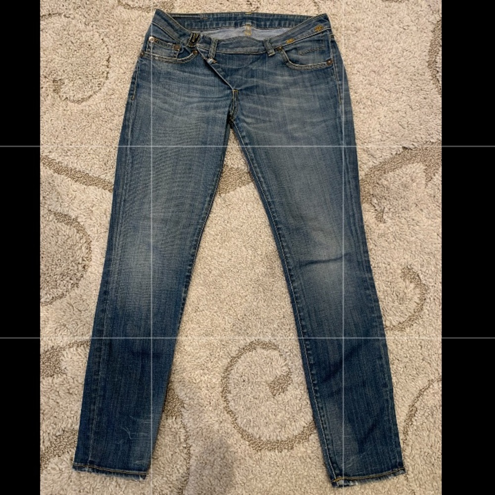 R13 side zip ankle length, straight leg jeans.